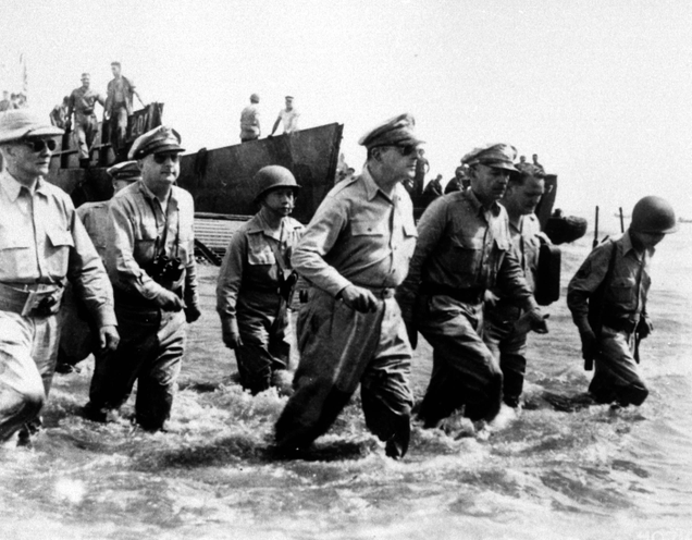 General MacArthur reaching the shore at Leyte, October 1944. (Photo: Roger Viollet/Getty Images)